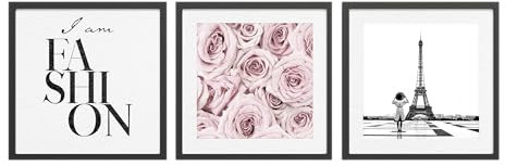 STYLER Bilder Set Parisienne 3x 30x30 cm (AUFHÄNGFERTIG) mit hochwertigem Rahmen – Eleganz und Stil für Ihr Zuhause – Paris Fashion Rosen Schwarz-Weiß