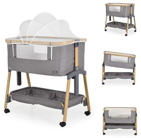 Cangaroo Beistellbett Amo höhenverstellbar, Moskitonetz, Rollen, Bremse Matratze, Farbe:grau