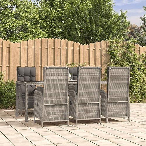 IKAYAA Rattan Essgruppe 6 Personen Gartenmöbel Essgruppe mit Verstellbare Hochlehner Stühlen Garten Sitzgruppe Grau Rattan Gartenmöbel Set mit Auflagen Sitzgarnitur mit 190 cm Tischlänge