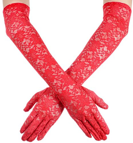 Yolev Rot Brauthandschuhe Hochzeit Spitzenhandschuhe Damen Blumen Hochzeit Handschuhe Elegante Braut Netzhandschuhe Ellenbogenlänge Fäustlinge Lace Gloves für Teeparty Cosplay (Rot)