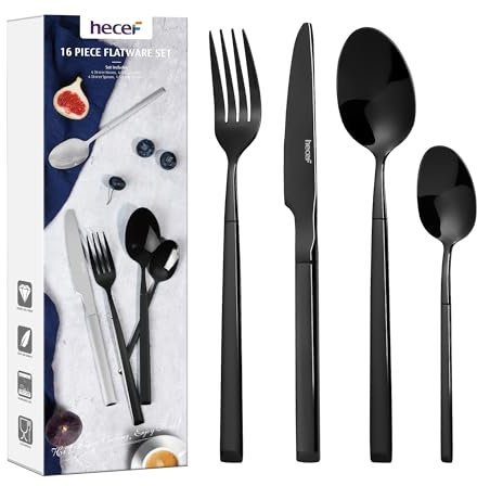 hecef Besteck Set Schwarz 16-teilig, Essbesteck Set für 4 Personen aus 18/0 Edelstahl mit Titanbeschichtung, Spülmaschinenfest and Rostfrei, Messer und Gabel Set mit Ergonomisches Design