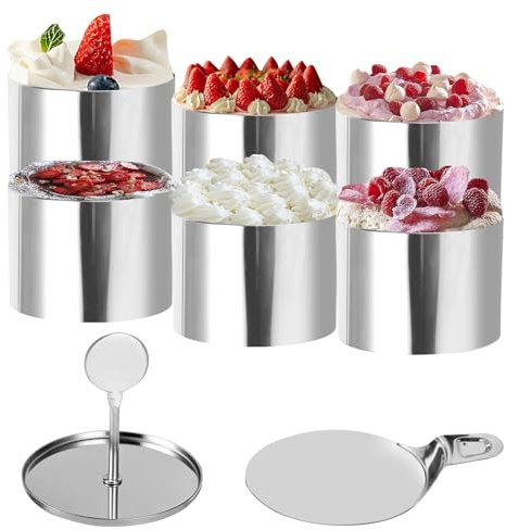 Dessertringe Set 6er Premium Edelstahl Speiseringe (Ø7.5cm), mit Druckplatte & Bodenplatte, nahtlos & leicht zu entformen, ideal für Backen, Desserts, Mousse & Anrichten