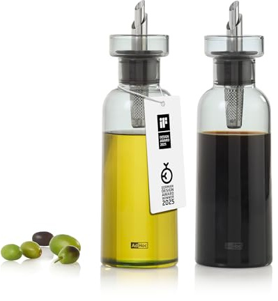 AdHoc AromaPour Grey Glass Oil and Vinegar Bottle Set, 2x 300ml Filtered Non-Drip Dispenser for Oil and Vinegar, Dishwasher Safe,