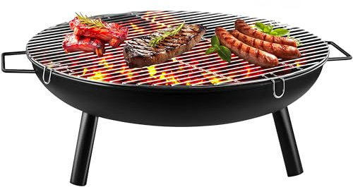 Crystals 58cm Outdoor Fire Pit – Steel Fire Bowl for Garden, Patio or Camping, Log & Charcoal Burner BBQ Brazier, Portable Heater for Picnic & Outdoor Use – Matt Black Finish (With BBQ Grill)