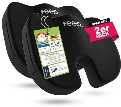 feela.® Orthopädisches Sitzkissen [3 Härtegrade] TESTSIEGER – Ergonomische Sitzkissen für Bürostuhl & Auto – Schmerzlindernd, Steißbein entlastend, Sitzkomfort erhöhend (2er Set, Hart)