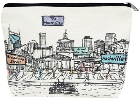 Beary Blu Cities Around the World Cosmetic Bag Series – Designed in USA, Travel Makeup Bag with Zipper, Souvenir Gift for Women, Cute City Artwork Organizer for Purse or Toiletry (Nashville)