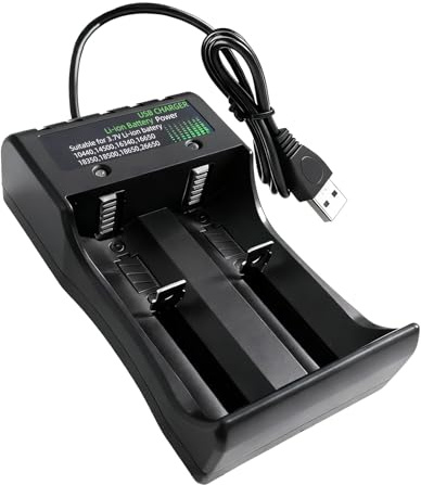 Cargador Batería 18650 2 Cargador Pilas Rápido USB Pilas de Litio para 3.7V Li-Ion 18490 18350 17670 17500 16340 14500 20700 21700 26650, 50cm Cable (Negro)