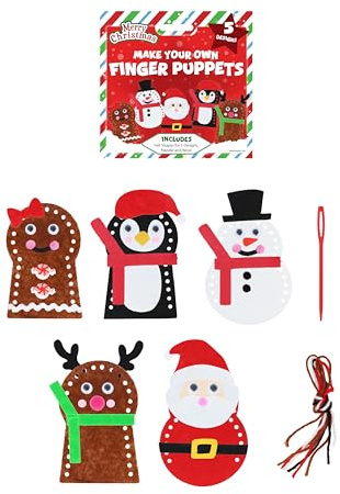 Henbrandt 3 x Christmas Make Your Own Finger Puppets Craft Kits - 5 Festive Designs Santa Snowman Penguin Reindeer Gingerbread DIY Creative Activity for Kids Adults Holiday Fun