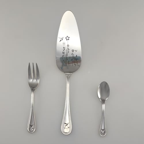 Lebrun Couverts Coffret Pâtisserie MOZART 25 pcs en Inox – Service à gâteau gravé Oiseaux – 12 fourchettes à dessert + 12 petites cuillères + 1 pelle à tarte- Art de table - Ménagère dessert élégante