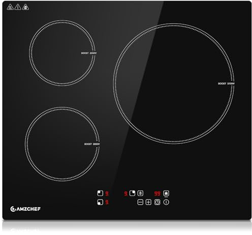 AMZCHEF 60CM Piastra a Induzione 3 Fuochi, Incasso, 7400W, 9 Livelli, nero