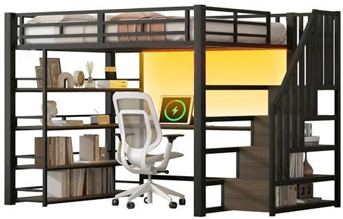 SOFTWEARY Hochbett mit Schreibtisch, LED-Streifen, Lattenrost, Rausfallschutz, USB, Treppe mit Regal, Kinderbett, Jugendbett, Metallbett (schwarz, 140x200 cm)