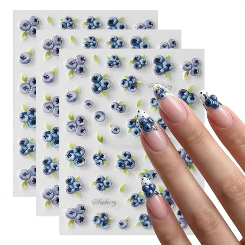 Higijapuf 3 Sheets Nail Stickers for Nail Art, 5D Blueberry Nail Decals with Fruit and Leaf Designs, Self Adhesive Decorations for Spring Summer Nails, DIY Manicure Accessories