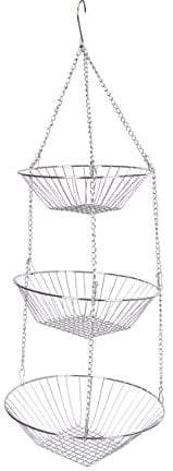 KitchenCraft Hanging Vegetable Rack, Metal, Set of 3 Kitchen Storage Baskets with Chain and Hook, Silver, 8cm x 25cm