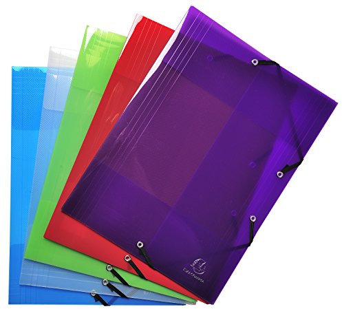 Exacompta 56701E 5er Pack Einschlagmappe Crystal. Aus transparentem Kunststoff DIN A4 mit 2 Gummizügen und 3 Klappen farbig sortiert Sammelmappe Dokumentenmappe ideal für Büro und Schule