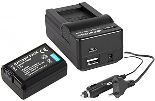 3in1-SET für die Sony Alpha 5000 / Alpha 6000 --- Akku (950mAh) + 4in1 Ladegerät (u.a. mit USB / micro-USB und Kfz/Auto) inkl. PATONA Displaypad