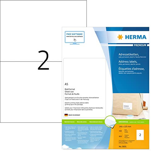 HERMA 8691 Versandetiketten, 400 Blatt, 148 x 105 mm, 2 pro A5 Bogen, 800 Stück, selbstklebend, bedruckbar, matt, blanko Papier Adressetiketten Aufkleber, weiß