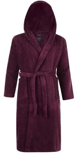 Adore Home Unisex 100% Cotton Hooded Terry Bathrobe, Aubergine, XXL