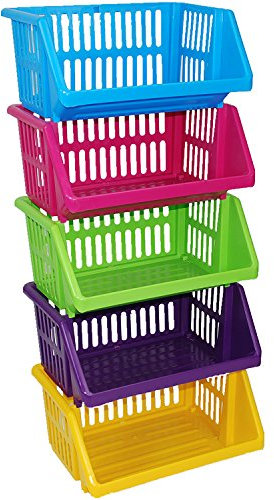 CrazyGadget® Multi Purpose Large Plastic Colour Storage Rack Stand Stacking Stackable Basket - Made In U.K. (5 Tiers, MultiColour)