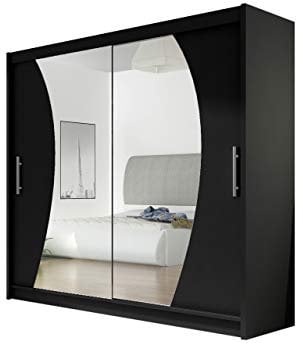 Mirjan24 Kleiderschrank mit Spiegel London IX, Schwebetürenschrank, Schiebetürenschrank, Modernes Schlafzimmerschrank 180x215x58cm, Garderobe, Schlafzimmer (Schwarz)