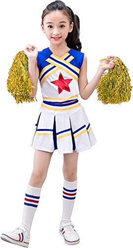 LOLANTA Mädchen Karneval Kostüm, Cheerleader kleid mit Pompoms und Socken, Mittelschule Cheerleading Uniform, Gelb, 10-11 Jahre, 150