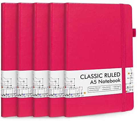 feela Notizbücher, Tagebücher, Großpackung, Hardcover, klassisch, liniert, mit Stifthalter, für Damen, Mädchen, Schule, Business, mit 5 schwarzen Stiften, 120 g/m², 13 x 21,1 cm, A5, Beerenfarben, 5