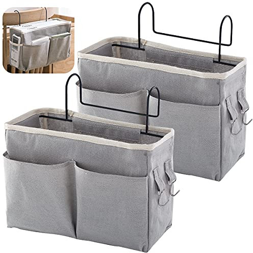 Forreen Betttaschen Hochbett, 2 Stücke Bett Organizer Hängetasche Organizer Anti-Rutsch Betttaschen Hängend Aufbewahrungstasche Nachttisch Tasche mit Haken für Buch Magazin Kopfhörer (Grau)