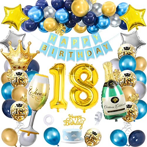 18. Geburtstag Junge, SWPEED Deko 18. Geburtstag Kit mit Happy Birthday Banner Cake Topper, 18. Geburtstag Luftballon Navy Blau Gold Silber luftballons, Gold Konfetti luftballons