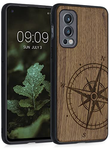 kwmobile Hülle kompatibel mit OnePlus Nord 2 5G Hülle - Holz Case - Handy Cover - TPU Handyhülle in Dunkelbraun Kompass Vintage