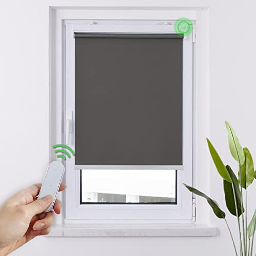 HOMEDEMO M100 Elektrische Rollos Verdunkelungsrollo mit Motor & Fernbedienung, Dunkelgrau 100x150cm(BxH), Smart Rollo ohne Bohren klemmfix & mit Bohren, Sonnenschutz Sichtschutz Rollo für Fenster