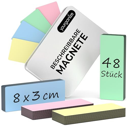 YOURGANIZE® 48 Magnetstreifen beschreibbar - 8x3 cm, 4 Farben - Whiteboard Magnete - wiederbeschreibbare Magnete für Kühlschrank, Whiteboard, Scrum & Kanban Board