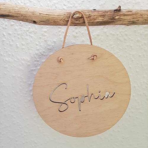 Holzschild mit Namen - Namensschild aus Holz - Name ausgestanzt - Rund Größe 15 or 20 cm - personalisiertes Schild mit Wunschname Holzgravur