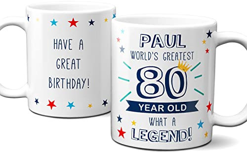 Thoughtful Gifts Personalised World’s Greatest Age 80 Mug,80th Birthday Gift,Personalised Mug for 80-Year-Old Man,Personalised Cup for 80th Birthday,Personalised Gift for 80-Year-Old.