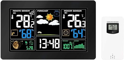ONOTEC Weather Station with Radio External Sensor,Digital Color Display Radio Clock Multifunctional Radio Weather Station,Thermometer,Hygrometer with Calendar,Alarm Clock,Moon Phase,Month and Other Fu