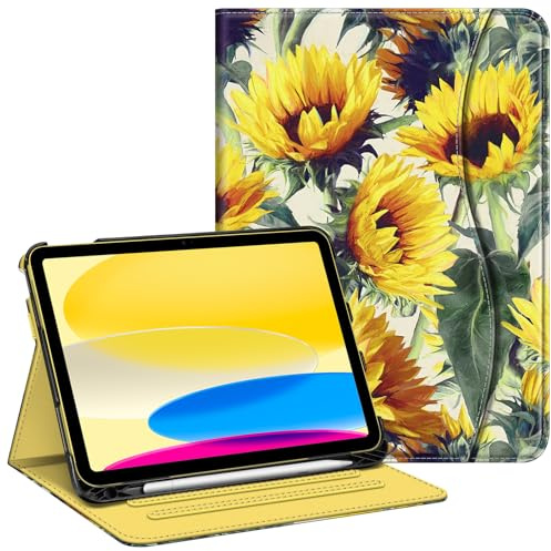 FINTIE Case for iPad A16 11th Generation 11 Inch & iPad 10th Gen 10.9 Inch | Multi-Angle Viewing Protective Stand Cover, Built-in Pencil Holder & Storage Pocket, Auto Wake/Sleep, Sunflowers