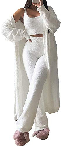 Set completo da donna in 3 pezzi, cardigan aperto sul davanti e lounge, sexy, in pile sfocato, pigiama morbido sherpa girocollo crop top pantaloni a vita alta, bianco, S