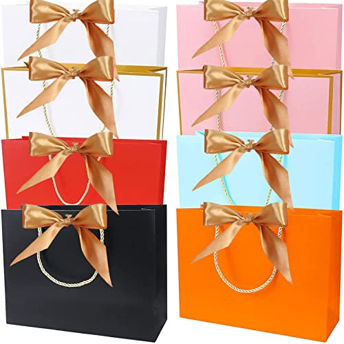 WAIZHIUA Gift Bags with Bow Ribbon, Paper Party Bags, Present Bag with Handles for Wedding Party Baby Shower Birthday Holiday Celebrations (Colorful, Pack of 8, 28x20x10cm)