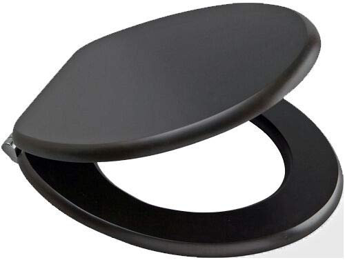 Marco Paul 18 Toilet Seat Universal Adjustable Fit Most Toilets Oval Seat with Hinges Parts Bathroom Standard Wooden MDF Family Quick Release Toilet Seats (Black)