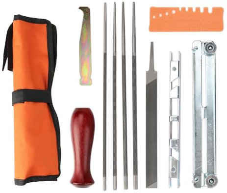 3mirrors Universal Chainsaw Field Sharpening Kit, Chainsaw Chain Sharpener with 5/32 (4 mm) 3/16 (4.8 mm) 13/64(5.2 mm) & 7/32 (5.5 mm) Round Files, Flat File, Handle, Filing Guide & Pouch