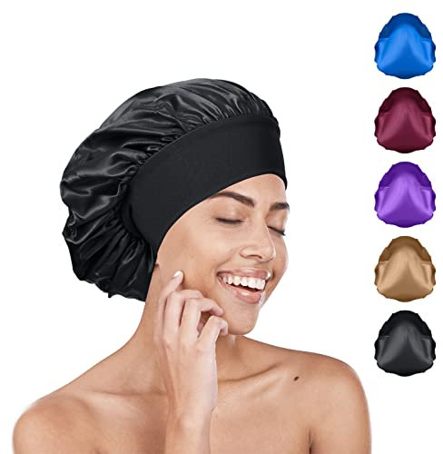 AKHTART Black Silk Hair Wrap for Sleeping, Satin Bonnet Sleep Cap Curly Hair, Night Caps with Wide Elastic Band, Soft Head Cover Shower Women Girls Makeup Protection