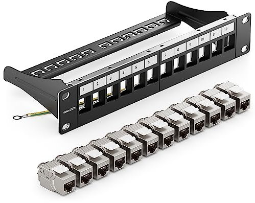 deleyCON SET 12 Ports CAT7 Panneau de Brassage Panneau de Distribution Modulaire 1 U Installation en Rack 10 + 12x Modules Keystone CAT 7 Réseau LAN RJ45 10 Gbit/s 600 MHz Câble D'installation Noir