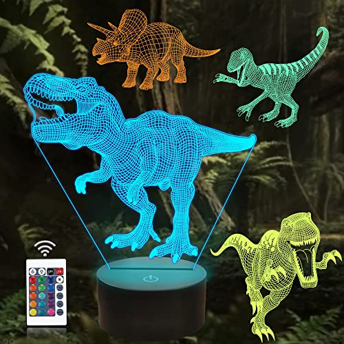 CooPark Dinosaurier Geschenke,T Rex 3D Nachtlicht Illusion Lampe(4 Muster Dino) mit Fernbedienung 16 Farbwechsel-Dekortisch Lampe,Dinosaurier-Geschenke für Kinder Jungen zum Geburtstag Weihnachten