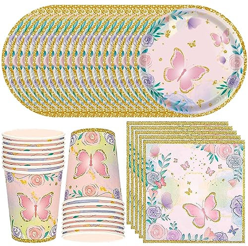 MEZHEN Papillons Vaisselle de Fête d'anniversaire Rose 16 Invités Assiettes Gobelets Serviettes en Papier