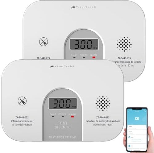 VisorTech CO Melder WLAN: 2er-Set WLAN-Kohlenmonoxid-Melder, LCD-Display, 10-Jahres-Sensor, App (Alexa-Kohlenmonoxid, Warner App, Gasmelder)