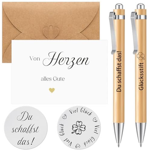 Tenare 5 Stück Viel Glück Mutmacher Geschenke Du Schaffst Das Glücksbringer Zweiseitig Glücksmünze und Inspirierende Holz Kugelschreiber Bambus Stifte für Prüfung Kollegen Schule Abschiedsgeschenk