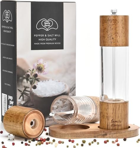 FAMILY STORIES Juego de molinillo de sal y pimienta 2 piezas (altura 21 cm) de madera de acacia con soporte en caja de regalo | Molinillo manual con rotor de molienda de cerámica ajustable