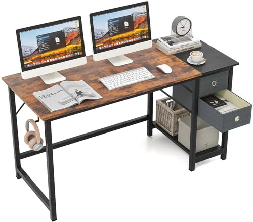 COSTWAY Schreibtisch mit 2 Schubladen, 140 cm Langer Computertisch mit Kopfhörerhaken & Ablagefach, Bürotisch, großer PC-Tisch, Arbeitstisch für Büro, Zuhause