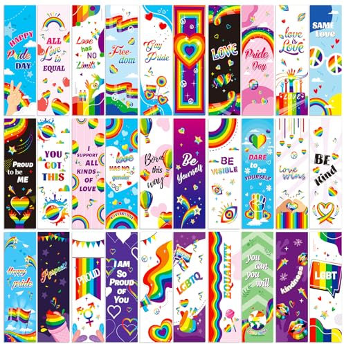 MWOOT 30 Stück Pride Day Themen Papier Lesezeichen, Doppelseitige LGBTQ Liebe Paper Bookmarks, Regenbogen Lese Papier Karten für Buchliebhaber, Pride Party Geschenke, Gay Pride Geschenk (15x4,5cm)