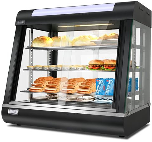 3-Tier Hot Food Display Cabinet, Commercial Electric Bun Steamer with Adjustable Shelf Height and Bottom Tray, Adjustable Temperature 30-85°C and 360° Heating, Front/rear Double Doors, for Pizza
