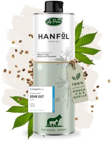 LaPura Hanföl für Hund & Katze, 100% pflanzlich, kaltgepresst, Barföl 1 L | Aus Deutschland, mit Omega-3 & Omega-6, Vitamin E, für Fell & Haut, unterstützt Verdauung, Nerven & Wohlbefinden