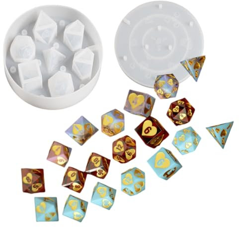 DIYBravo Silikonform Epoxidharz Würfel mit Herz, 7 Epoxidharz Formen DND Würfel Resin Silikonform Würfelform Set mit Zahlen Silikonform Würfel Gießen Formen Gießform